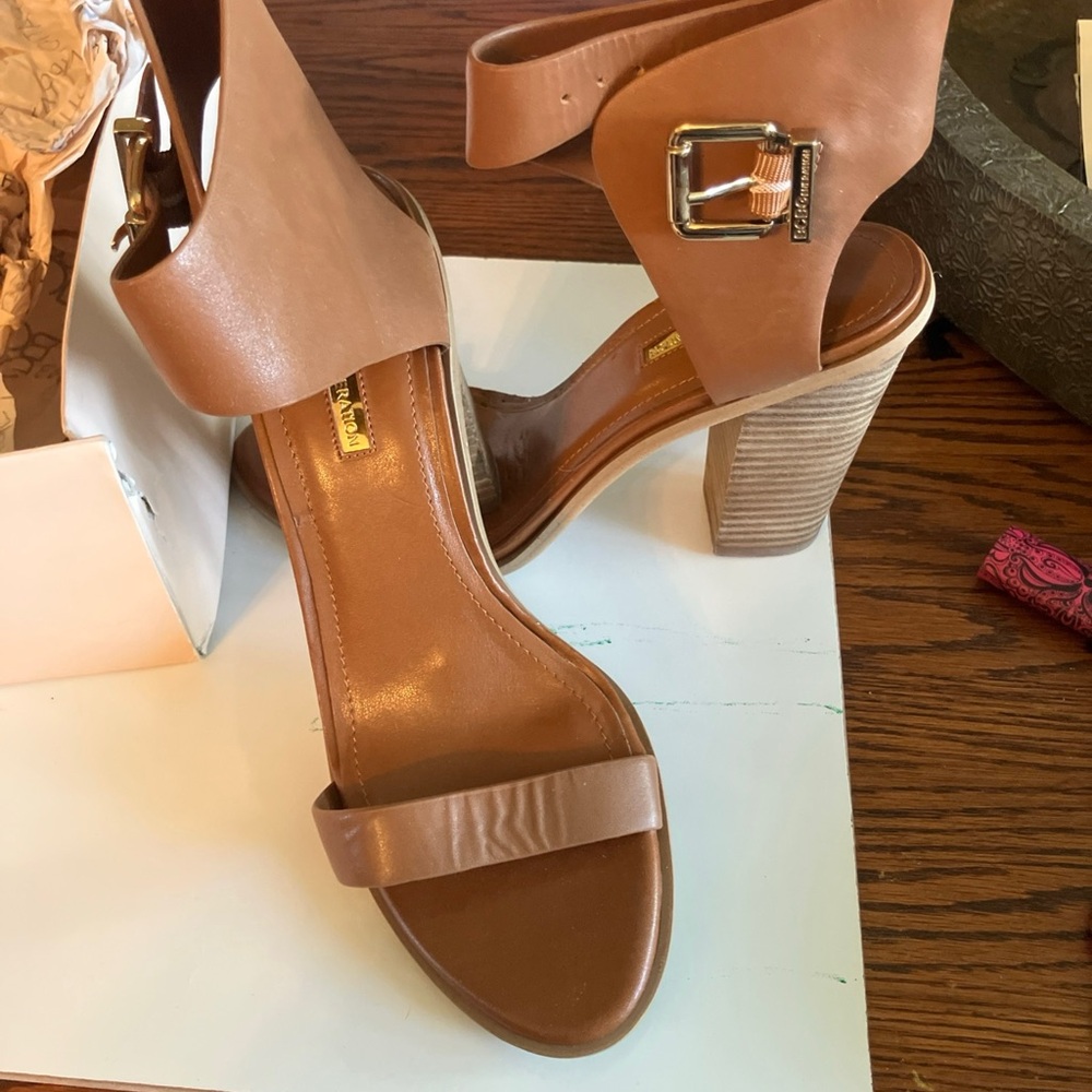 BCBG Brown Heeled Sandals with Chunky Block Heel